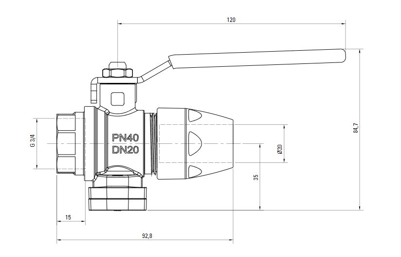 Схема шарового клапана AIRnet с внутренней резьбой ISO 228 (для систем трубопровода сжатого воздуха)Алюминиевая труба. Диаметр 20 мм.