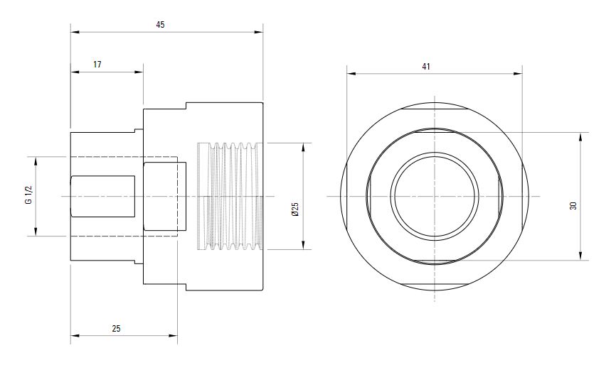 Схема разъемного переходника AIRnet на внутреннюю резьбу ISO 228 (для систем трубопровода сжатого воздуха). Диаметр 25 мм, резьбовой отвод 0,5.