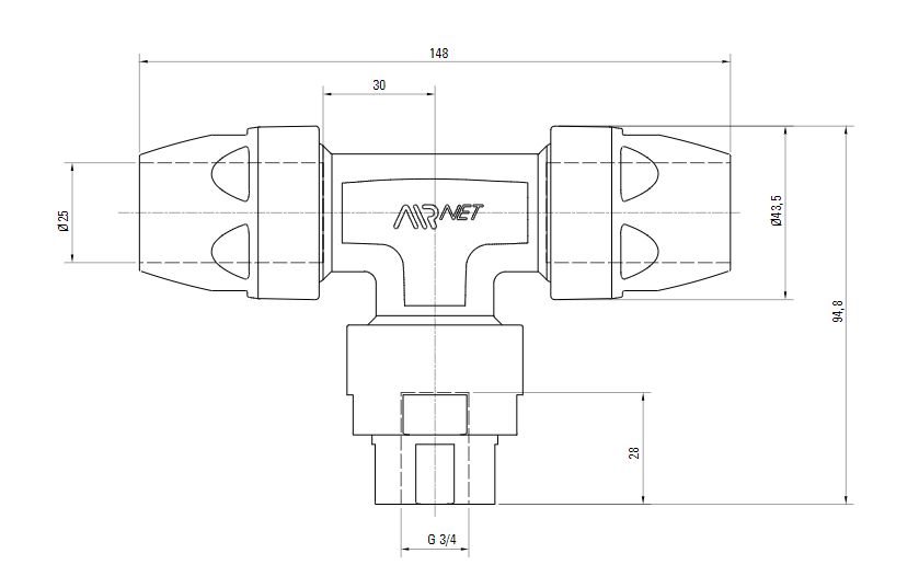 Схема переходного тройника на резьбу ISO 228 (для систем трубопровода сжатого воздуха). Диаметр 25 мм. Резьбовой отвод 3/4 дюйма.
