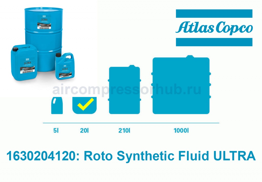 Синтетическое масло Atlas Copco Roto Synthetic RS ULTRA 1630 2041 05 для компрессоров серии GA, GX, GN, GR. Пластиковая канистра 20 литров.