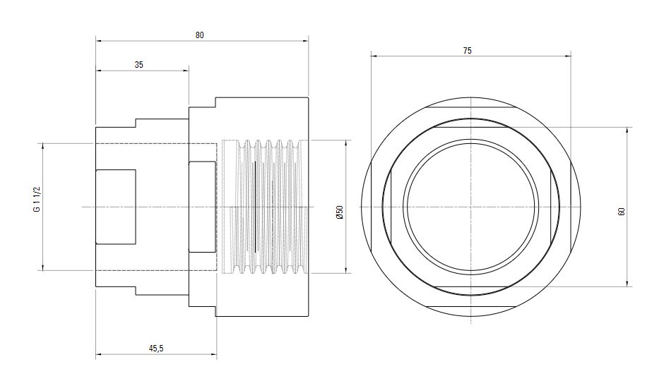 Схема разъемного переходника AIRnet на внутреннюю резьбу ISO 228 (для систем трубопровода сжатого воздуха). Диаметр 50 мм, резьбовой отвод 1,5.