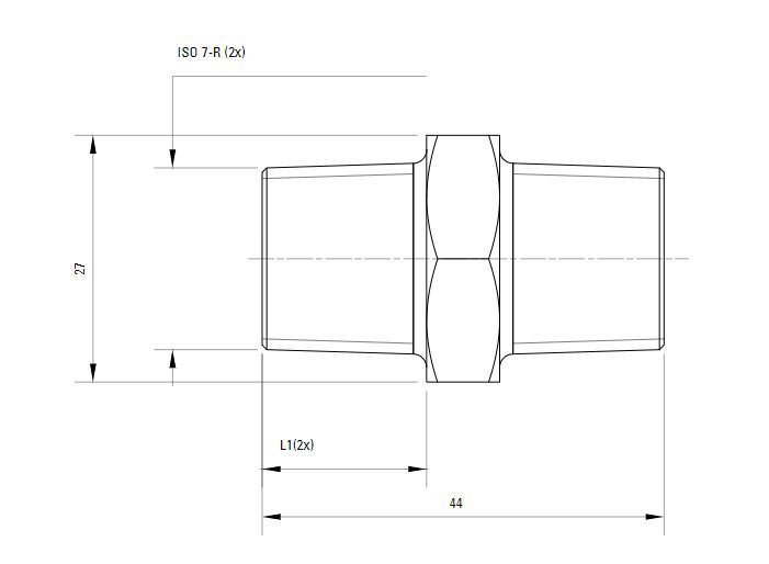 Схема шестигранного штуцера с наружной резьбой ISO 7-R AIRnet (для систем трубопровода сжатого воздуха). Диаметр резьбы 12 мм.