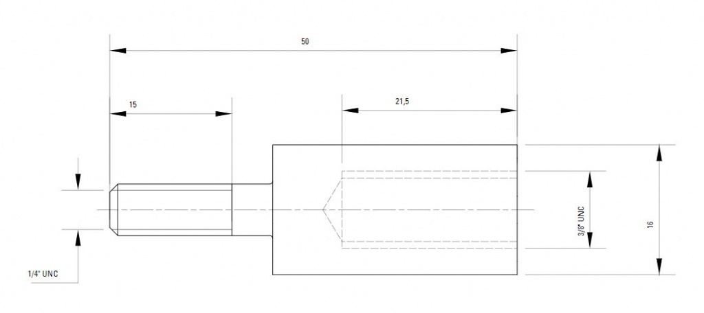 Схема адаптора болта для крепежных клипс (UNC - UNC) AIRnet (для систем трубопровода сжатого воздуха). 1/4" → 3/8"