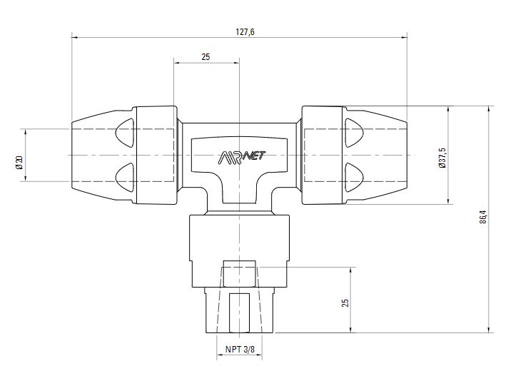 Схема переходного тройника на резьбу NTP (для систем трубопровода сжатого воздуха). Диаметр 20 мм.