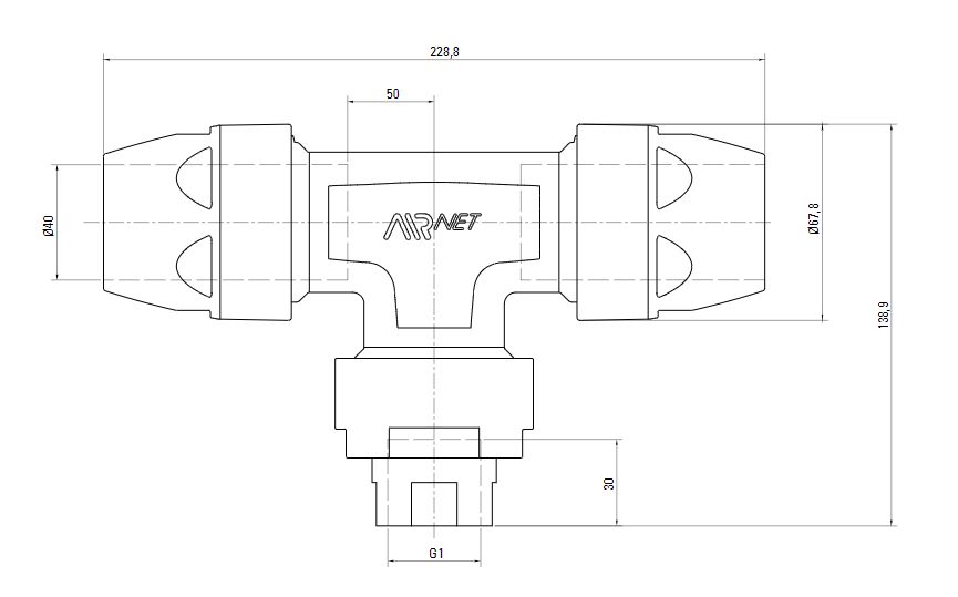 Схема переходного тройника на резьбу ISO 228 (для систем трубопровода сжатого воздуха). Диаметр 40 мм. Резьбовой отвод 1 дюйм.
