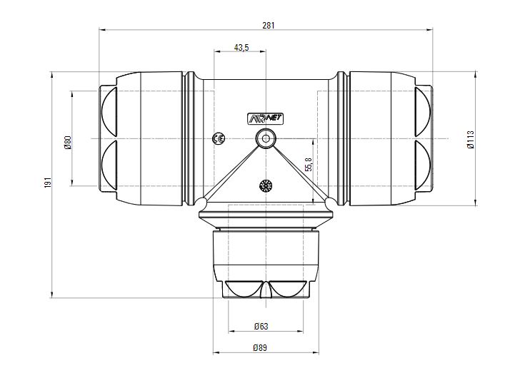 Схема переходного тройника на AIRnet (для систем трубопровода сжатого воздуха). Диаметр 80 мм. Уменьшенный резьбовой отвод 63 мм.