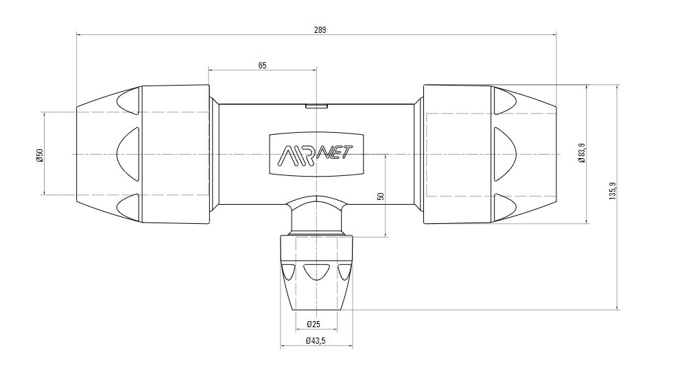 Схема переходного тройника на AIRnet (для систем трубопровода сжатого воздуха). Диаметр 50 мм. Уменьшенный резьбовой отвод 25 мм.