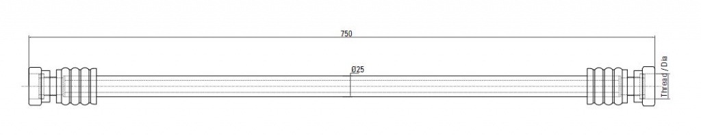 Схема шланга с прямым фитингом с внутренней резьбой ISO228 AIRnet (для систем трубопровода сжатого воздуха). Длина 750 мм. Резьба 25