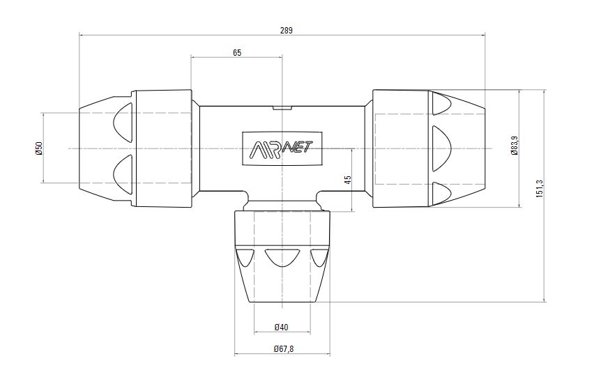 Схема переходного тройника на AIRnet (для систем трубопровода сжатого воздуха). Диаметр 50 мм. Уменьшенный резьбовой отвод 40 мм.