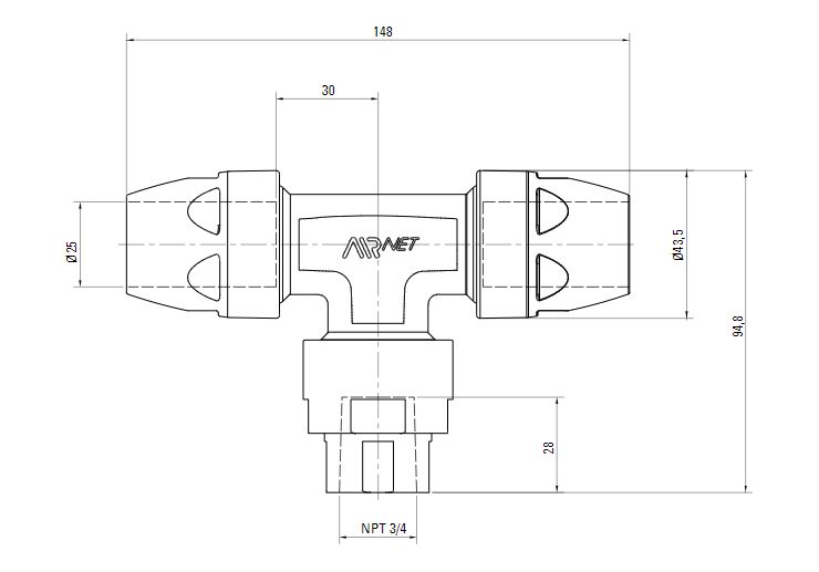 Схема переходного тройника на резьбу NTP (для систем трубопровода сжатого воздуха). Диаметр 25 мм. Уменьшенный резьбовой отвод 3/4 дюйма.