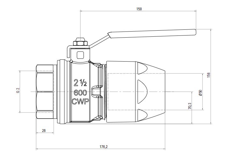 Схема шарового клапана AIRnet с внутренней резьбой ISO 228 (для систем трубопровода сжатого воздуха)Алюминиевая труба. Диаметр 50 мм.