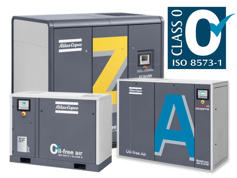 Безмасляные компрессоры Atlas Copco с чистотой воздуха, соответствующей стандарту ISO 8573-1 КЛАСС 0 (2010).