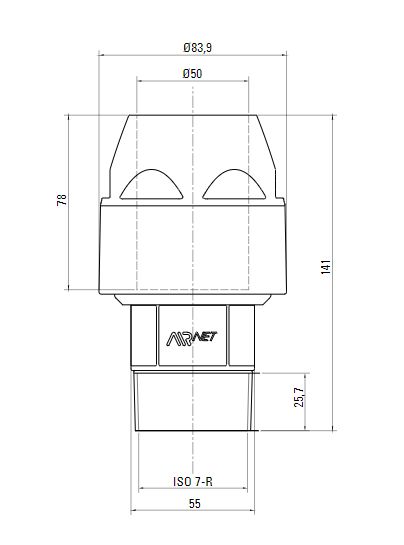 Схема переходника с наружной резьбой ISO 7-R AIRnet (для систем трубопровода сжатого воздуха)Алюминиевая труба. Диаметр 50 мм.