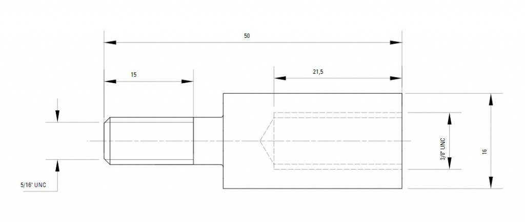 Схема адаптора болта для крепежных клипс (UNC - UNC) AIRnet (для систем трубопровода сжатого воздуха). 5/16" 3/8"