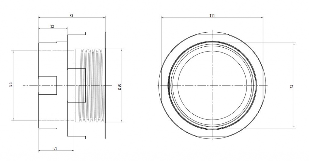 Схема разъемного переходника AIRnet на внутреннюю резьбу ISO 228 (для систем трубопровода сжатого воздуха). Диаметр 80 мм, резьбовой отвод 3.