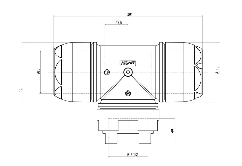 Схема переходного тройника на резьбу ISO 228 (для систем трубопровода сжатого воздуха). Диаметр 80 мм. Резьбовой отвод 2.5 дюймa.