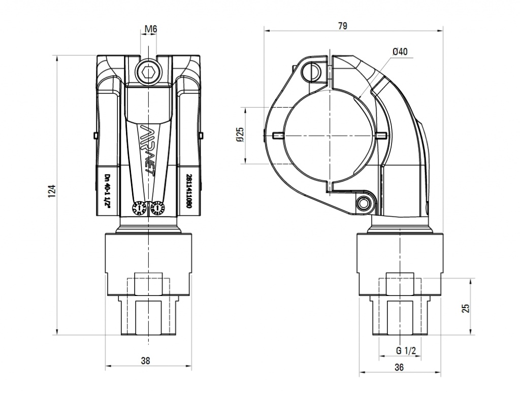 Схема быстросборного отвода AIRnet с переходом на внутренную резьбу ISO 228.Алюминиевая труба. Диаметр 40 мм.
