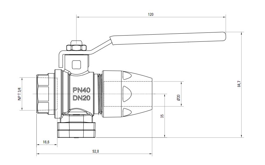 Схема шарового клапана AIRnet с внутренней резьбой NTP (для систем трубопровода сжатого воздуха)Алюминиевая труба. Диаметр 20 мм.
