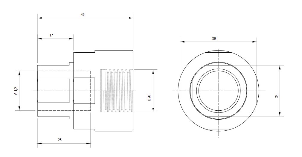 Схема разъемного переходника AIRnet на внутреннюю резьбу ISO 228 (для систем трубопровода сжатого воздуха). Диаметр 20 мм, резьбовой отвод 0,5.