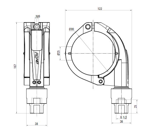 Схема быстросборного отвода AIRnet с переходом на внутренную резьбу ISO 228.Алюминиевая труба. Диаметр 80.