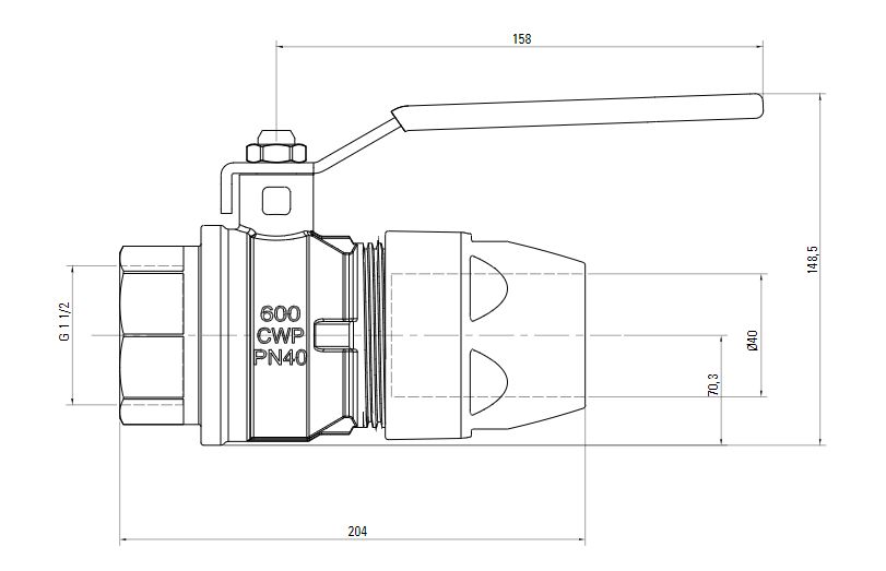 Схема шарового клапана AIRnet с внутренней резьбой ISO 228 (для систем трубопровода сжатого воздуха)Алюминиевая труба. Диаметр 40 мм.