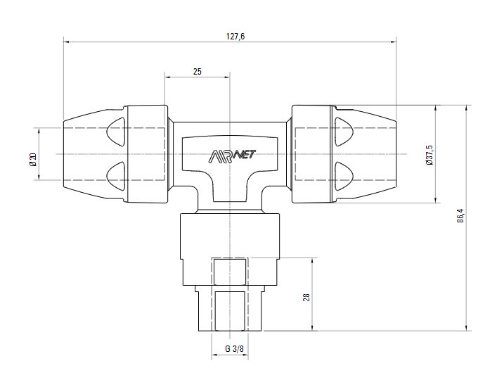 Схема переходного тройника на резьбу ISO 228 (для систем трубопровода сжатого воздуха). Диаметр 20 мм. Резьбовой отвод 0,38 дюйма.