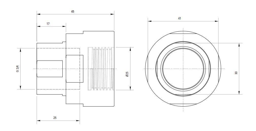 Схема разъемного переходника AIRnet на внутреннюю резьбу ISO 228 (для систем трубопровода сжатого воздуха). Диаметр 25 мм, резьбовой отвод 3/4.