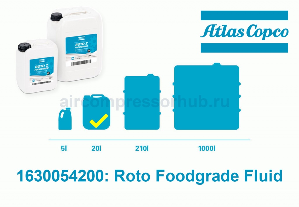 Масло Atlas Copco Roto Foodgrade Fluid для компрессоров. Артикул 1630054200. Объем 20 литров.