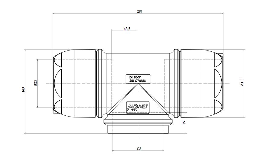 Схема переходного тройника на резьбу ISO 228 (для систем трубопровода сжатого воздуха). Диаметр 80 мм. Резьбовой отвод 3 дюймa.