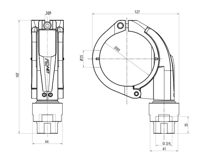 Схема быстросборного отвода AIRnet с переходом на внутренную резьбу ISO 228.Алюминиевая труба. Диаметр 80 мм.