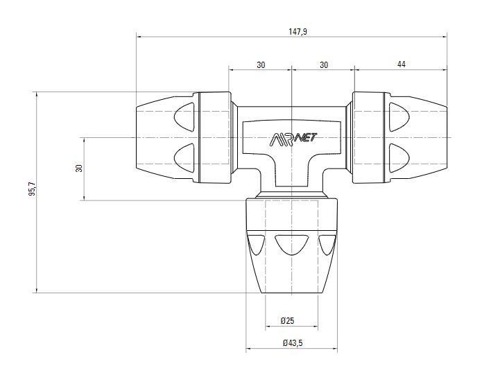 Схема равнопроходного тройника AIRnet (для систем трубопровода сжатого воздуха). Диаметр 25 мм.