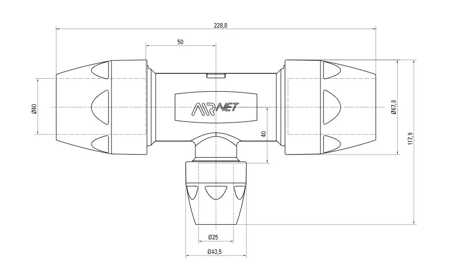 Схема переходного тройника на AIRnet (для систем трубопровода сжатого воздуха). Диаметр 40 мм. Уменьшенный резьбовой отвод 25 мм.