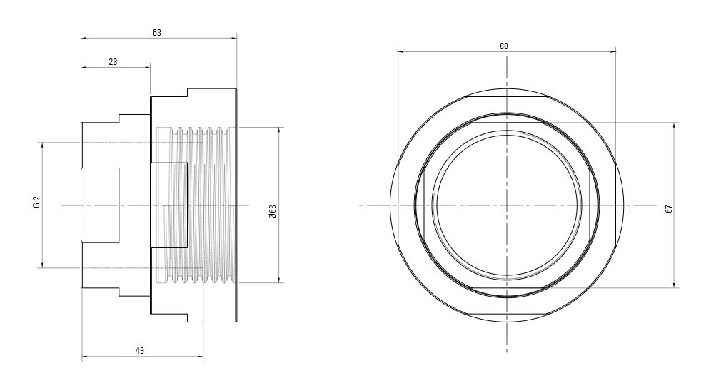 Схема разъемного переходника AIRnet на внутреннюю резьбу ISO 228 (для систем трубопровода сжатого воздуха). Диаметр 63 мм, резьбовой отвод 2.