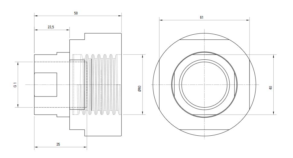 Схема разъемного переходника AIRnet на внутреннюю резьбу ISO 228 (для систем трубопровода сжатого воздуха). Диаметр 40 мм, резьбовой отвод 1.