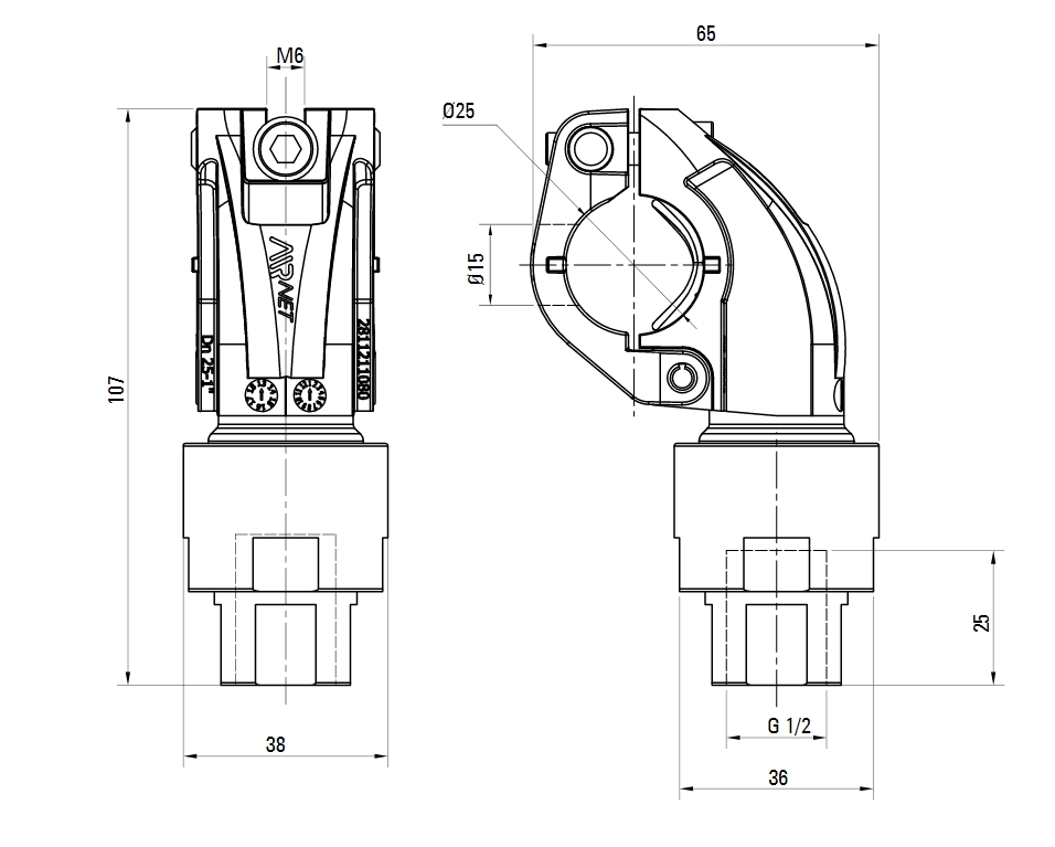 Схема быстросборного отвода AIRnet с переходом на внутренную резьбу ISO 228.Алюминиевая труба. Диаметр 25 мм.