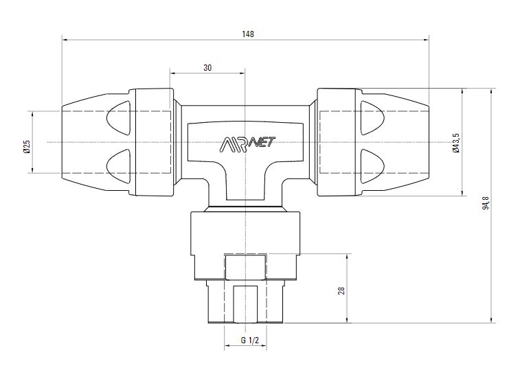 Схема переходного тройника на резьбу ISO 228 (для систем трубопровода сжатого воздуха). Диаметр 25 мм. Резьбовой отвод 1/2 дюйма.