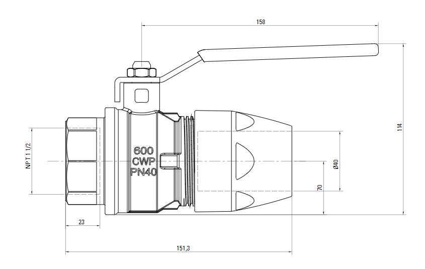 Схема шарового клапана AIRnet с внутренней резьбой NTP (для систем трубопровода сжатого воздуха)Алюминиевая труба. Диаметр 40 мм.