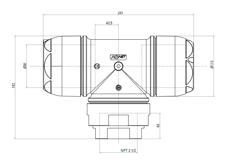 Схема переходного тройника на резьбу NTP (для систем трубопровода сжатого воздуха). Диаметр 80 мм. Уменьшенный резьбовой отвод 2,5 дюйма.