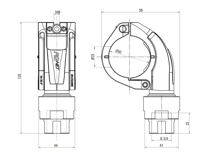 Схема быстросборного отвода AIRnet с переходом на внутренную резьбу ISO 228.Алюминиевая труба. Диаметр 50 мм.