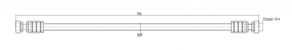 Схема шланга с прямым фитингом с внутренней резьбой ISO228 AIRnet (для систем трубопровода сжатого воздуха). Длина 750 мм. Резьба 20