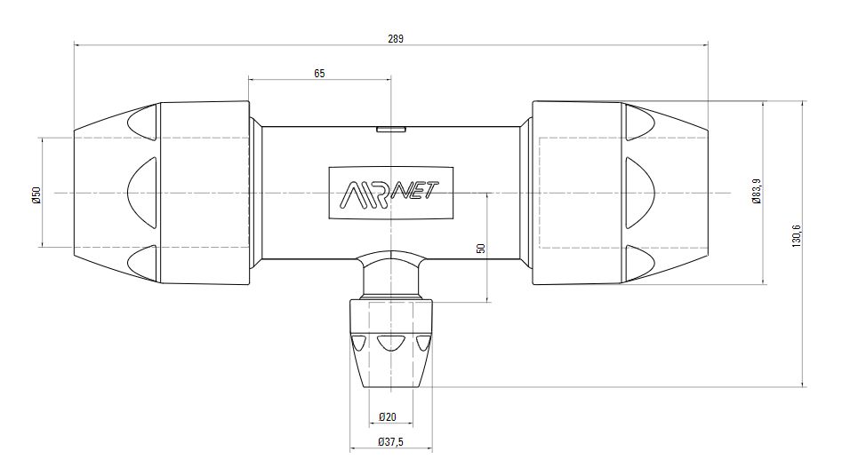 Схема переходного тройника на AIRnet (для систем трубопровода сжатого воздуха). Диаметр 50 мм. Уменьшенный резьбовой отвод 20 мм.