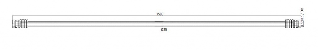 Схема шланга с прямым фитингом с внутренней резьбой ISO228 AIRnet (для систем трубопровода сжатого воздуха). Длина 1500 мм. Резьба 25