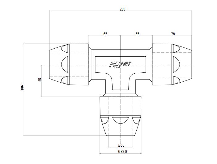 Схема равнопроходного тройника AIRnet (для систем трубопровода сжатого воздуха). Диаметр 50 мм.