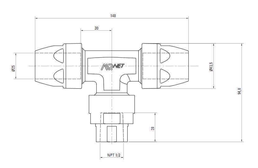 Схема переходного тройника на резьбу NTP (для систем трубопровода сжатого воздуха). Диаметр 25 мм. Уменьшенный резьбовой отвод 1/2 дюйма.