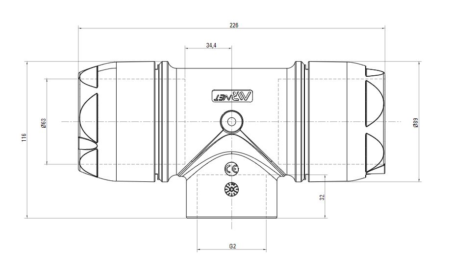 Схема переходного тройника на резьбу ISO 228 (для систем трубопровода сжатого воздуха). Диаметр 63 мм. Резьбовой отвод 2 дюйм.