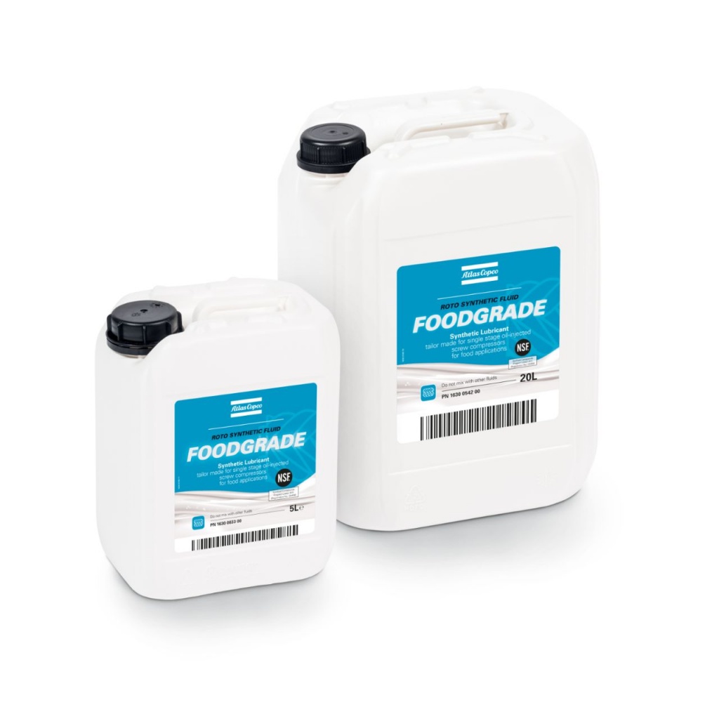 Компрессорное масло Roto Synthetic Fluid Foodgrade. Упаковка: слева направо: 5 литров и 20 литров.
