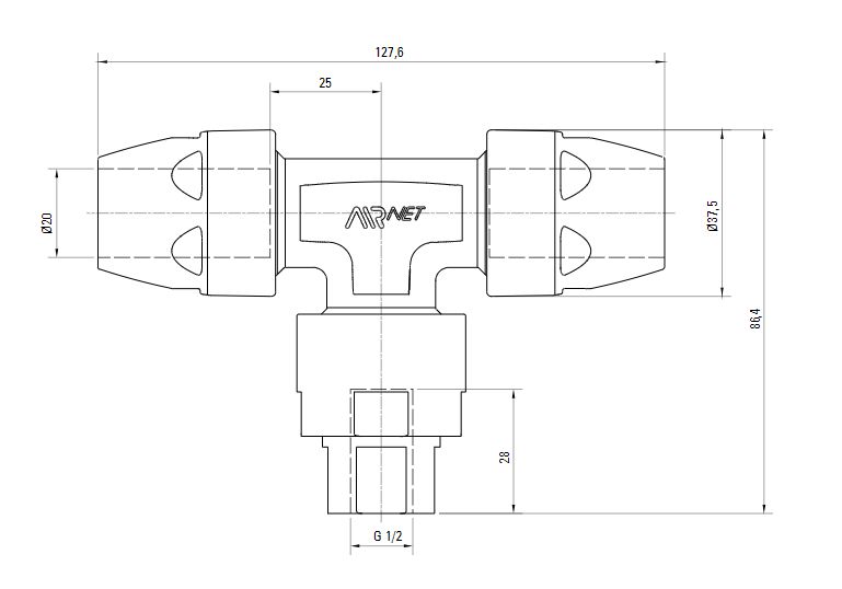 Схема переходного тройника на резьбу ISO 228 (для систем трубопровода сжатого воздуха). Диаметр 20 мм. Резьбовой отвод 1/2 дюйма.