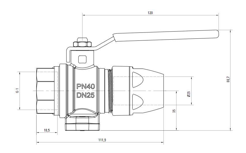 Схема шарового клапана AIRnet с внутренней резьбой ISO 228 (для систем трубопровода сжатого воздуха)Алюминиевая труба. Диаметр 25 мм.