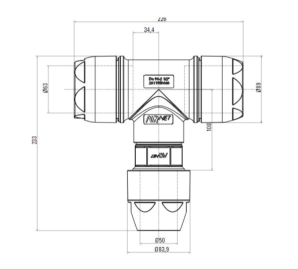 Схема переходного тройника на AIRnet (для систем трубопровода сжатого воздуха). Диаметр 63 мм. Уменьшенный резьбовой отвод 50 мм.