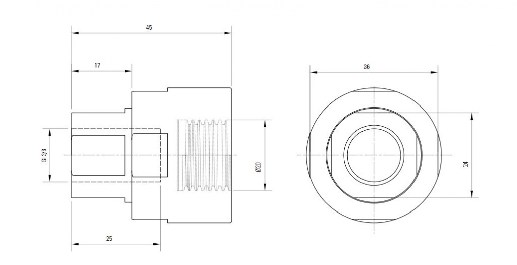 Схема разъемного переходника AIRnet на внутреннюю резьбу ISO 228 (для систем трубопровода сжатого воздуха). Диаметр 20 мм, резьбовой отвод 0,3.